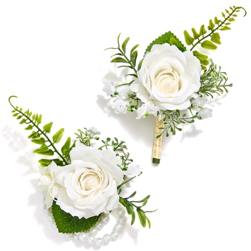 Serwalin White Corsage and Boutonniere Set, Artificial Silk Rose Wrist Corsage Wristlet and Boutonniere Set for Prom, Homecoming, Wedding, Anniversary Party Prom Suit Dress Flower Accessories - color: Ivory White, size: 1 Boutonniere & 1 Wrist Corsage - 2