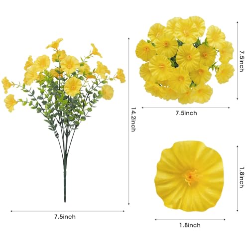 Ouddy Decor 24 Bundles Artificial Flowers for Outdoors Decoration Fake Silk Morning Glory Flowers Faux Eucalyptus Plants UV Resistant for Porch Patio Garden Spring Summer Home Decor, Yellow - color: Yellow