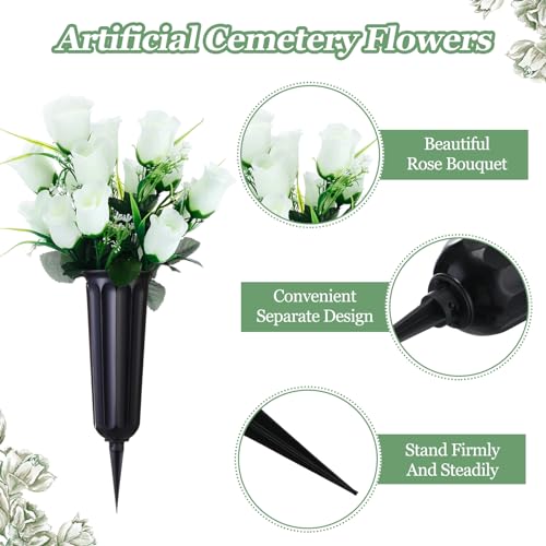Tigeen 6 Sets Father's Day Cemetery Flowers with Grave Vase 12 Bunches Artificial Rose Memorial Bouquet 84 Heads Fake Silk Flower for Dad Gravesite Graveside Decor(Cream White) - color: Cream White
