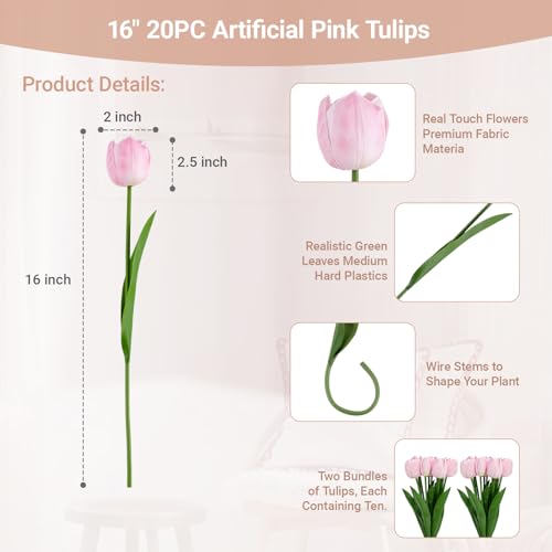 20 Pcs Fake Tulips Flowers 16" Tall, Realistic Touch Leaves, Bottle Tulip Artificial Plants Indoor for Home Decor Small Office Home Living Room-Vase Not Include -Pink - size: 16 Inch Tulips Pink