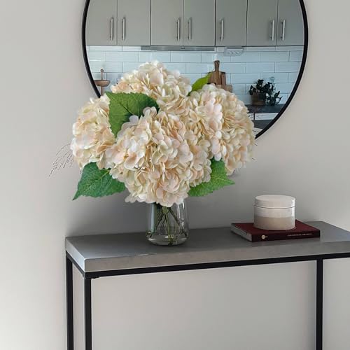 YalzoneMet 4Pcs Champagne Pink Hydrangea Artificial Flower Natural Lifelike Real Touch 21'' Long Stem Hydrangea Latex Flower Bouquets for Home Party Outdoor Wedding Table Centerpiece Spring Decor - color: Champagne Pink