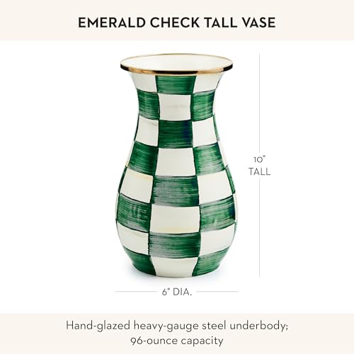 MACKENZIE-CHILDS Tall Enamel Vase, Unique Flower-Vase Decor for Living Room, Green-and-White Emerald Check - color: Emerald Check