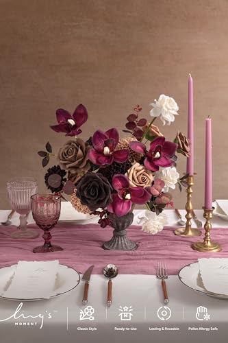 Ling's moment Artificial Wedding Flowers Combo, Fake Greenery for DIY Bouquets Centerpieces Decorations Foam Rose Hydrangea with Stems for Party Home Decor, Earth Brown & Black Baccara, Deluxe Combo - color: Earth Brown & Black Baccara & Plum, size: Delux