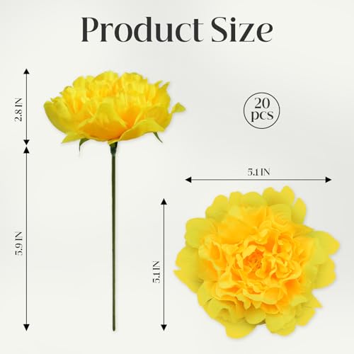20 Pcs Artificial Flower Peonies, 5" Silk Fake Peonies with 6" Stems No Leaf, Faux Peonies Flowers for Decoration Wedding Home Party Centerpiece Decor Floral Art (Yellow) - color: Yellow