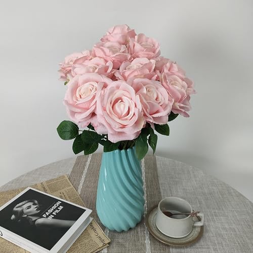 ATFL Fake Roses Artificial Flowers Bulk,Floral Diameter 4'',20 Pcs Artificial Silk Roses Flowers with Stems for Wedding Arrangement Centerpieces Party Home Table Decorations (20, Light Pink) - color: Light Pink