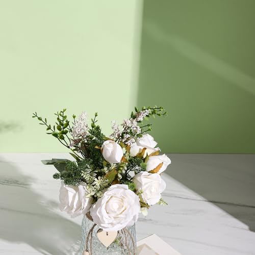 2 Packs Faux Flowers in vase,Fake Flowers with Vase, Artificial Silk Roses in Vase, Artificial Flowers in Vase, Faux Flower Arrangement with Vase for Farmhouse (White with vase)