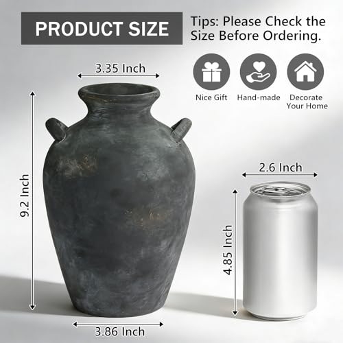 Ceramic Flower Vase with Handles, 9.2 Inch Rustic Vase Farmhouse Decorative Pottery Vase for Home Decor, Living Room, Bathroom, Kitchen, Shelf, Mantel, Black - color: 9.2"h-black