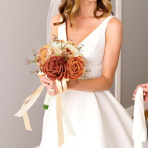 Wedding Bouquets for Bride Bridesmaid 8.5 Inch Burnt Orange Artificial Roses Fall Flowers Bridal Bouquets for Bride Autumn Wedding Marriage Proposal Party Thanksgiving Church Decoration - color: Orange