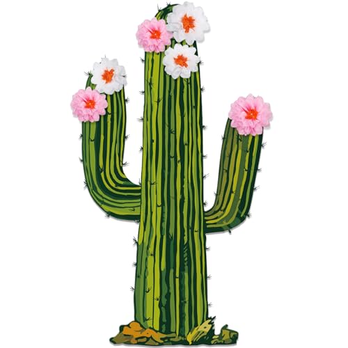 Honoson 7 Pcs 6ft Cactus Party Decorations with 3D Flowers Cactus Cutout Cardboard Cacti Summer Plant Wall Decor for Photo Prop Desert Wild West Mexican Fiesta Cowboy Vbs