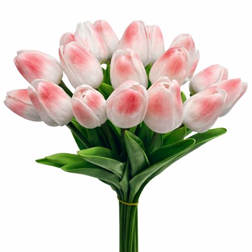 20 Pcs Tulips Artificial Flowers, 13.5'' Real Touch PU Fake Flowers Bouquet for Home Party, Spring Wedding Floral Arrangement, Valentine's, Easter and Mother's Day Decor (White Pink) - color: White Pink