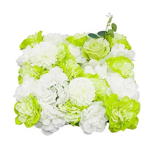 12Pcs Artificial Flower Wall Panel 3D Floral Backdrop Wall 15" X 15" Flower Wall Decor Flower Wall Backdrop Faux Flower Panel for Party Home Background Decor, Green - color: Green, White