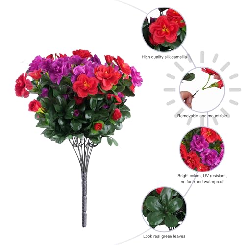 Artificial Faux Outdoor Flowers Plants for Spring Summer Decoration, Fake Silk Camellia UV Resistant Look Real for Planter Outside Front Door Porch Patio Balcony, 3 Large Bundles (Red+Fuchsia) - color: Red+fuchsia