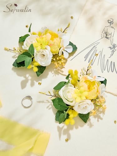 Serwalin 2 Pcs Boutonniere, 6-7 Inch Yellow Corsage for Wedding, Boutonniere for Men Groom and Best Man Prom Ceremony Anniversary Party Suit - color: Yellow, size: Boutonniere-2pcs