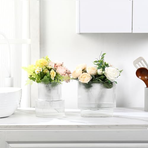 Ribbed Glass Vases, Set of 2 Fluted Vases for Flowers, Clear Vase for Tulips, Modern Glass Vase for Living Room, Dining Table, Office, Entryway, Mantle, Bookshelf, Wedding Gifts - color: Clear, size: Ribbed + Oval (2-Pack)
