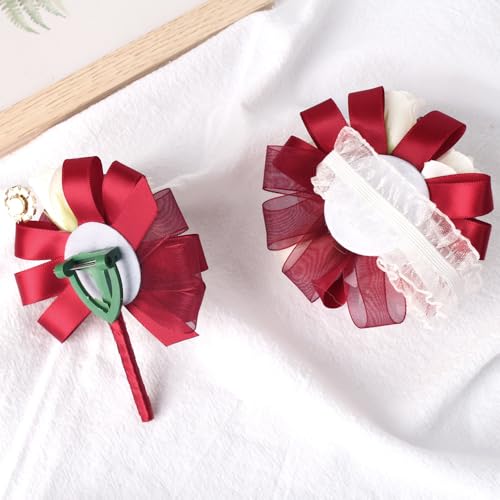 Wrist Corsage and Boutonniere Set Ivory Rose Corsage Wristlet for Homecoming Wedding Party Groom Bride Artificial Flower (Red and Ivory) - color: Red and Ivory