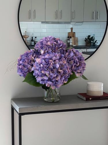 YalzoneMet 4Pcs Purple Silk Hydrangea Artificial Flower Lifelike Big Blooms 20'' Long Stem Faux Hydrangea Flower Bouquets for Home Party Indoor Outdoor Wedding Table Centerpiece Decor - color: Purple