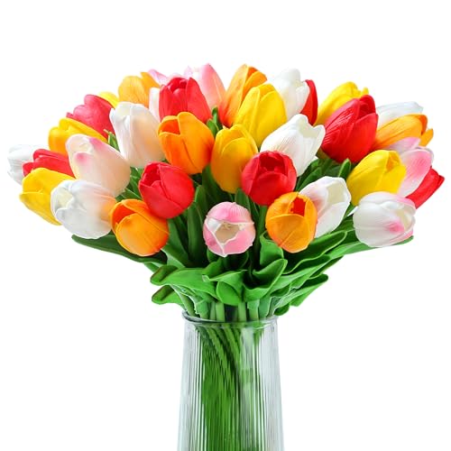 20 Pcs Tulips Artificial Flowers 14" PU Real Touch Fake Tulips for Spring Easter Decor Home Living Room Wedding Centerpiece Bouquet Mother's Gift Day Decotationgs (Colorful) - color: Color：white, Yellow, Orange, Light Pink, Red
