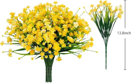 6 Bundles Artificial Flowers for Outdoors UV Resistant Fake Plastic Plants Faux Boston Fern Greenery Stems for Spring Summer Indoor Garden Patio Window Box Kitchen Home Decor (Yellow) - color: 6bundles--flower Yellow