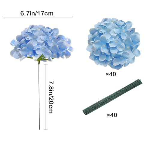 Blue Hydrangea Artificial Flowers Bulk, 40 Pcs Faux Hydrangea Flowers Heads, Artificial Fake Silk Hydrangea Flowers with Stems, Blue Flowers Artificial for Decoration Wedding Décor - color: Light Blue, size: 40 Pcs