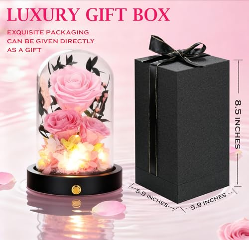 Preserved Flowers in Glass Dome, Forever Flowers for Delivery Prime, Pink Roses Valentines Day Anniversary Mothers Day Birthday Gifts for Her Mom Women Wife Girlfriend - color: New Pink