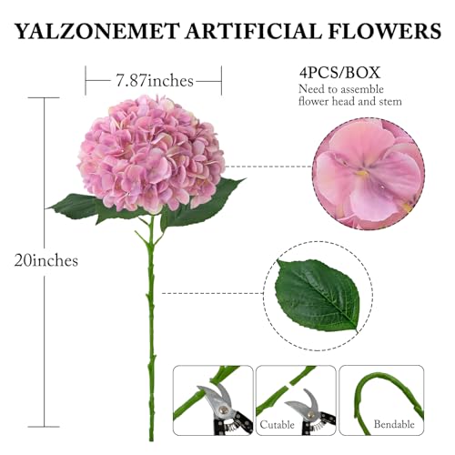 YalzoneMet 4Pcs Pink Purple Silk Hydrangea Artificial Flower Lifelike Big Blooms 20'' Long Stem Faux Hydrangea Flower Bouquets for Home Party Indoor Outdoor Wedding Table Centerpiece Decor - color: Pink Purple