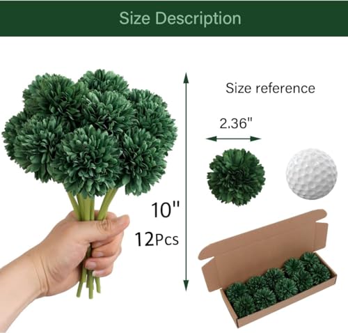 12Pcs Green Chrysanthemums Artificial Flowers Fake Silk Ball Flowers Mums Bouquets Arrangements Wedding Party Decor St Patricks Day Home Garden Table Centerpieces DIY Floral (Blackish Green) - color: Blackish Green