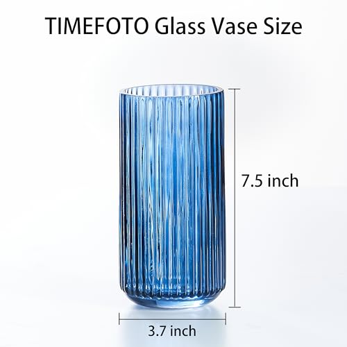 TIMEFOTO 7.5 inch Blue Glass Flower Vase for Pampas Grass, Medium Decorative Centerpiece Ribbed Vase for Dining Table, Office Desktop, Shelf Bookshelf, Mantel, Entryway, Bathroom, Countertop,Gift - color: Blue, size: 7.5 inch