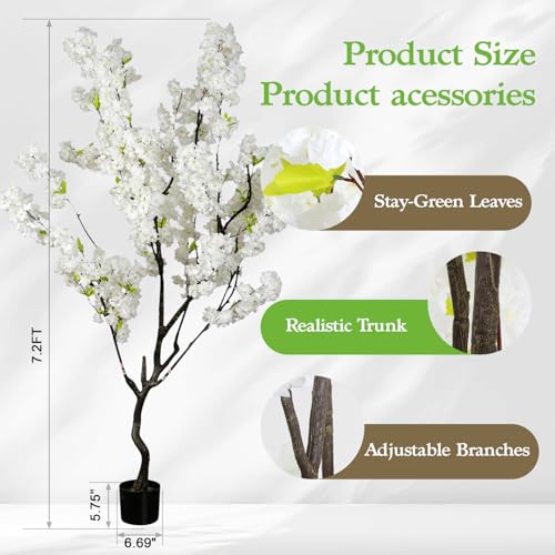7.2ft Tall Artificial White Cherry Blossom Tree Indoor Decor, Fake Silk Flower Cherry Tree Plant Outdoor, Faux Flowering Tree Christmas New Year Home Decor - color: White-ap19
