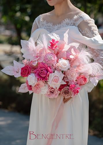 Hot Pink Bridal Bouquets for Bride,14 Inch Wedding Bouquets, for Wedding Ceremony, Anniversary, Party and French Rustic Vintage Wedding,Artificial Flowers - color: Hot Pink, size: 14 Inch