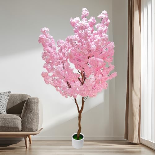 Cherry Blossom Tree 7ft, Pink Artificial Cherry Tree Fake Pink Tree for Wedding Party Home Living Room Decor - size: 6ft 11in