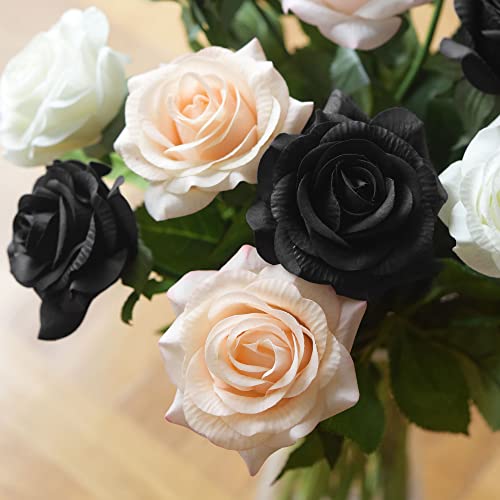 FiveSeasonStuff Fake Black Roses Wedding Flowers Real Touch Silk Artificial Flowers 12 Stems - color: Black