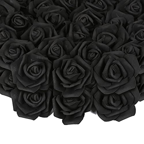 200pcs Black Artificial Foam Rose Flower Head, 3-Inch Fake Flower Heads Stemless Flowers for DIY Crafts,Wedding Bouquets Centerpieces Arrangements Party Baby Shower Home Decor (Black) - color: Black, size: 200PCS
