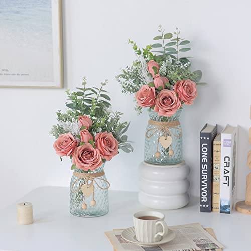 Faux Flowers with Vase,Artificial Silk Roses in Vase, Fake Plant Eucalyptus Flower Arrangement for Home Office Farmhouse Bathroom Dining Table Centerpiece Decorations Coffee Table Decor (Dusty Pink) - color: Dusty Pink