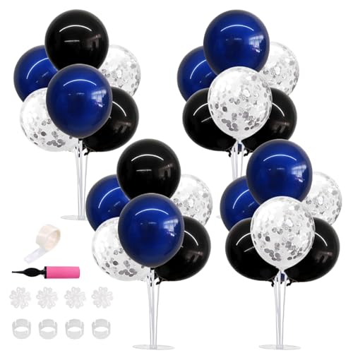 TONIFUL 4 Set Black Blue Silver Confetti Balloon Centerpieces for Table,Balloon Stand Kit for Graduation Decorations 2026 Blue Party Decorations,Retirement,Anniversary,Birthday Decoration for men - color: Black Blue Slver Confetti