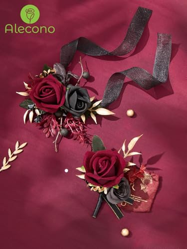 Alecono Burgundy Corsage and Boutonniere Set, Red and Black Rose Corsage Wristlet and Boutonniere for Wedding Prom Flower Accessories Suit Decorations - color: Burgundy, size: Corsage and Boutonniere Set