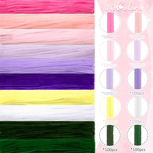 Peryiter 1402 Pcs Pipe Cleaners Flowers Set 1000 Pcs 10 Colored 12 Inch Chenille Stems for Tulip Bouquet Making Art DIY Craft Projects Creative Gift Party Wedding Decorations(Pink & Purple Flower) - color: Pink & Purple Flower
