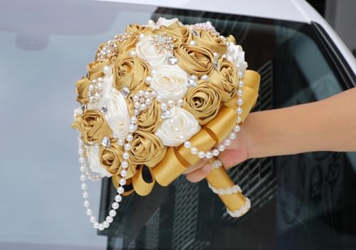 Ivory and Gold Bridal Wedding Bouquet with Rhinestone Brooch Pearl String Cascade Bouquet for Bride Bridesmaid Quinceanera Satin Rose Flower Bouquet Wedding Gold and Ivory 9.8in - color: Gold & Ivory (#2), size: Extra-large (DIA. 9.8"/25cm)