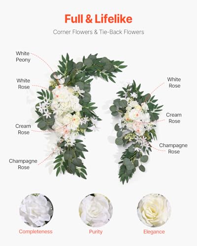 VEVOR Artificial Wedding Arch Flowers Kit, White Wedding Arch Flowers with Drapes Kit (Pack of 3) - 2 Pcs Floral Arrangement, 1 Pcs Sheer Drapes, for Ceremony Bouquets Reception Backdrop Decoration - color: White, size: 3 Pcs