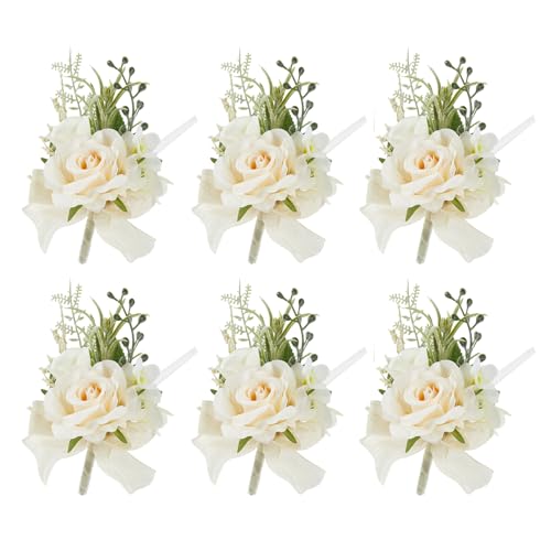 Champagne Boutonniere for Men - Set of 6, Rose Groomsmen Boutonniere for Wedding, Prom, Homecoming, Party, Vintage Occasions - color: Champagne Boutonniere 6pcs