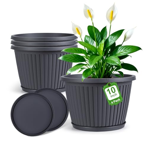 10-inch-Planters-for-Outdoor-Plant，Plastic Indoor Flower Pots with Drainage Holes & Saucer, 4 Packs Decorative Garden Pots for Plant for Home Porch Decor - color: Gray, size: 10 inch-4 Pack