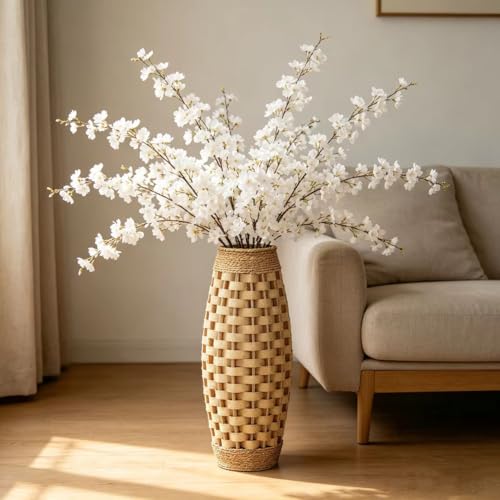 Hosley 24” Tall Woven Floor Vase – Natural Wood & Grass Decorative Vase for Home Décor, Floral Arrangements, Entryway, Living Room - color: Natural