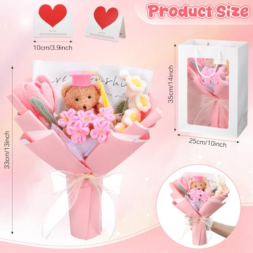 Graduation Crochet Flower Bouquet Set Includes Bear Knitted Tulips Forget-me-nots Lily of the Valley Greeting Card Gift Bag 2026 Pink Flower Bouquet Graduation Gift - color: Pink, style: Knitted Bear and Tulip
