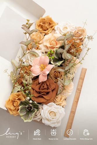 Ling's moment Fake Flowers Box, Faux Artificial Greenery Stems Foam Roses Dahlia Gardenia Tulip Silk Carnation Fabic Flower for Centerpieces Bouquet Wedding Vase, Apricot & Peach, Deluxe Combo - color: Or-apricot & Peach, size: Deluxe
