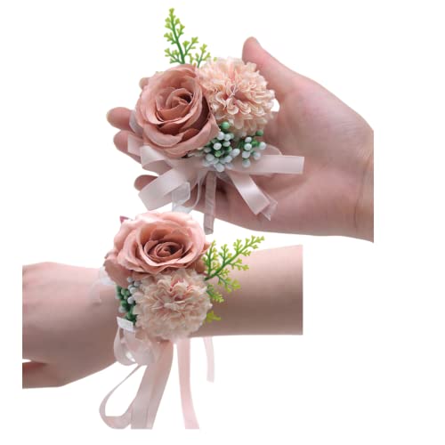 Rikyo 2 Pack Flower Wrist Corsage Boutonniere Set,3" Artificial Rose and Carnation Wrist Corsage and Men Boutonniere Set,Silk Flower for Wedding Flowers Accessories Prom Suit Decor (Rose Gold) - color: Rose Gold