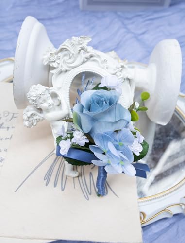 Marriwise 6pcs Light Blue Boutonniere for Men, Artificial Silk Rose Flowers Wedding Groom Groomsmen Boutonniere for Wedding/Anniversary/Prom/Rustic Wedding/Homecoming (Light Blue) - color: Light Blue
