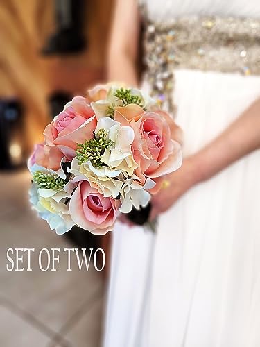 Admired By Nature Artificial Rose Hydrangea Flowers Bouquet, 9 Stems Faux Wedding Bouquet for Bride Bridesmaid, Centerpieces Floral Arrangement Home Decoration GPB8359-BLUSH-2, Blush 2 Pc Set - color: Blush-hydrangea, size: 1