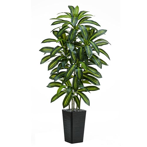 Artificial Dracaena Tree：5FT Faux Silk Tropical Yucca Floor Trees Realistic Fake Green Plant with Natural Wood Trunk & Lifelike Leaves for Home Office Decor Indoor & Outdoor (5FT,1-Pack,Black) - color: Dark Green – Black Pot, size: 5FT