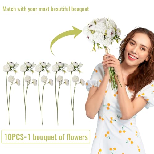 Zerzsy 10 Branch Artificial White Peony Flower Bouquet with Green Leaves Stem, Silk Flowers Bouquet Fake Peonies Flower Arrangements Vase Decorating for Centerpiece Table Wedding Party Home - color: White-10, size: 1 Bouquet