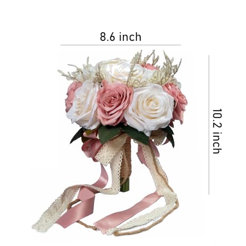 LEIFENY Wedding Bouquets for Bride, Champagne White & Pink Bridal Bridesmaid Wedding Flowers, Artificial Toss Rose for Civil Ceremony (Jute Rope Handle) - color: Champagne White & Pink