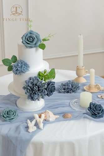 TINGE TIME Artificial Flowers Combo Box Set, Dusty Blue Roses Gradient Color Fake Roses with Stems for DIY Wedding Bouquets Table Centerpieces Baby Shower Home Party Floral Arrangements Decorations - color: Navy Blue